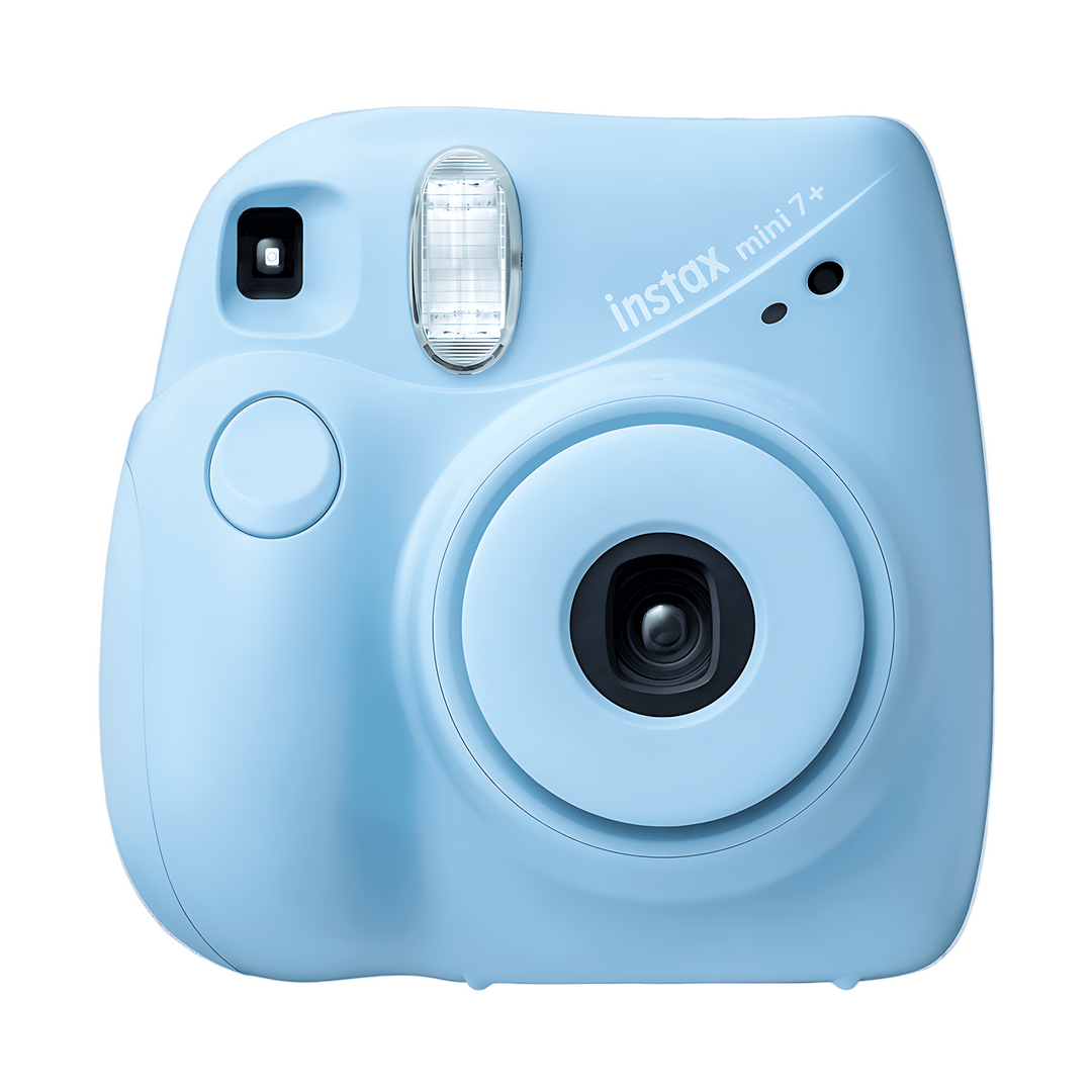 Front shot of pastel light blue Fujifilm Instax Mini 7+ retro camera from ClubCamera.com