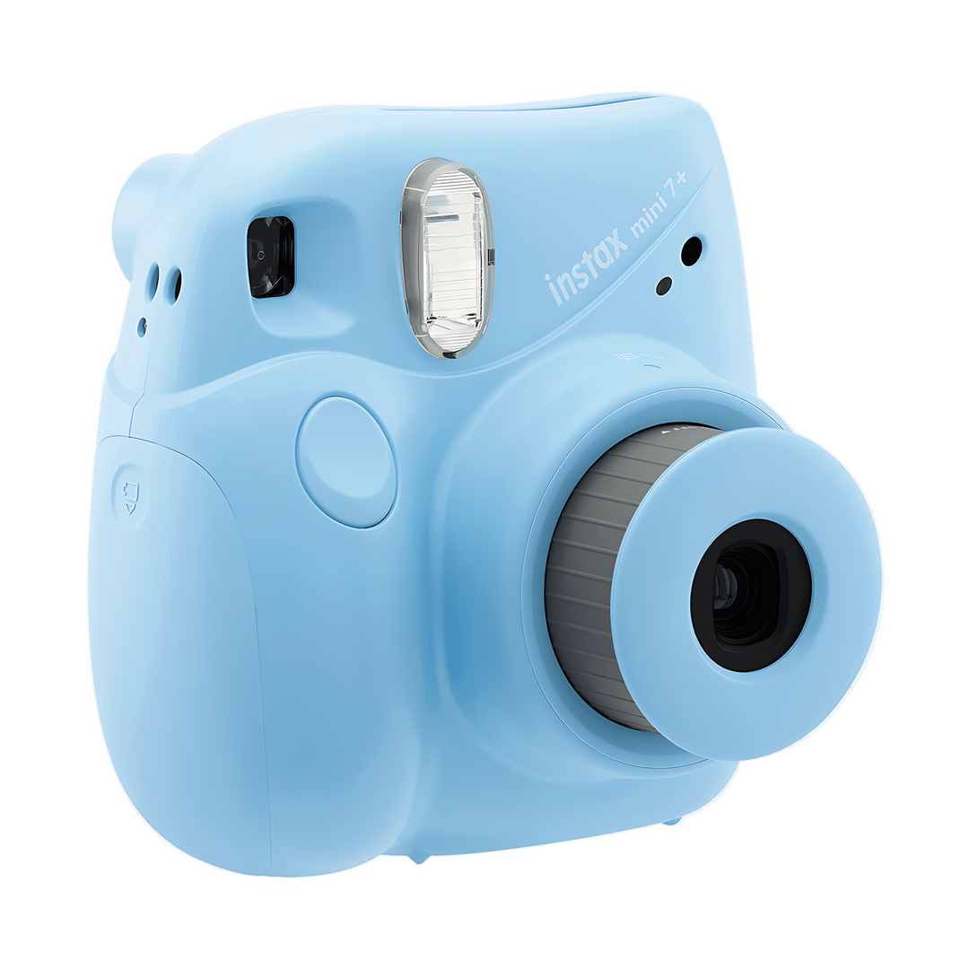Fujifilm Instax Mini 7+ light blue instant camera at ClubCamera.com with textured focus ring and silver flash