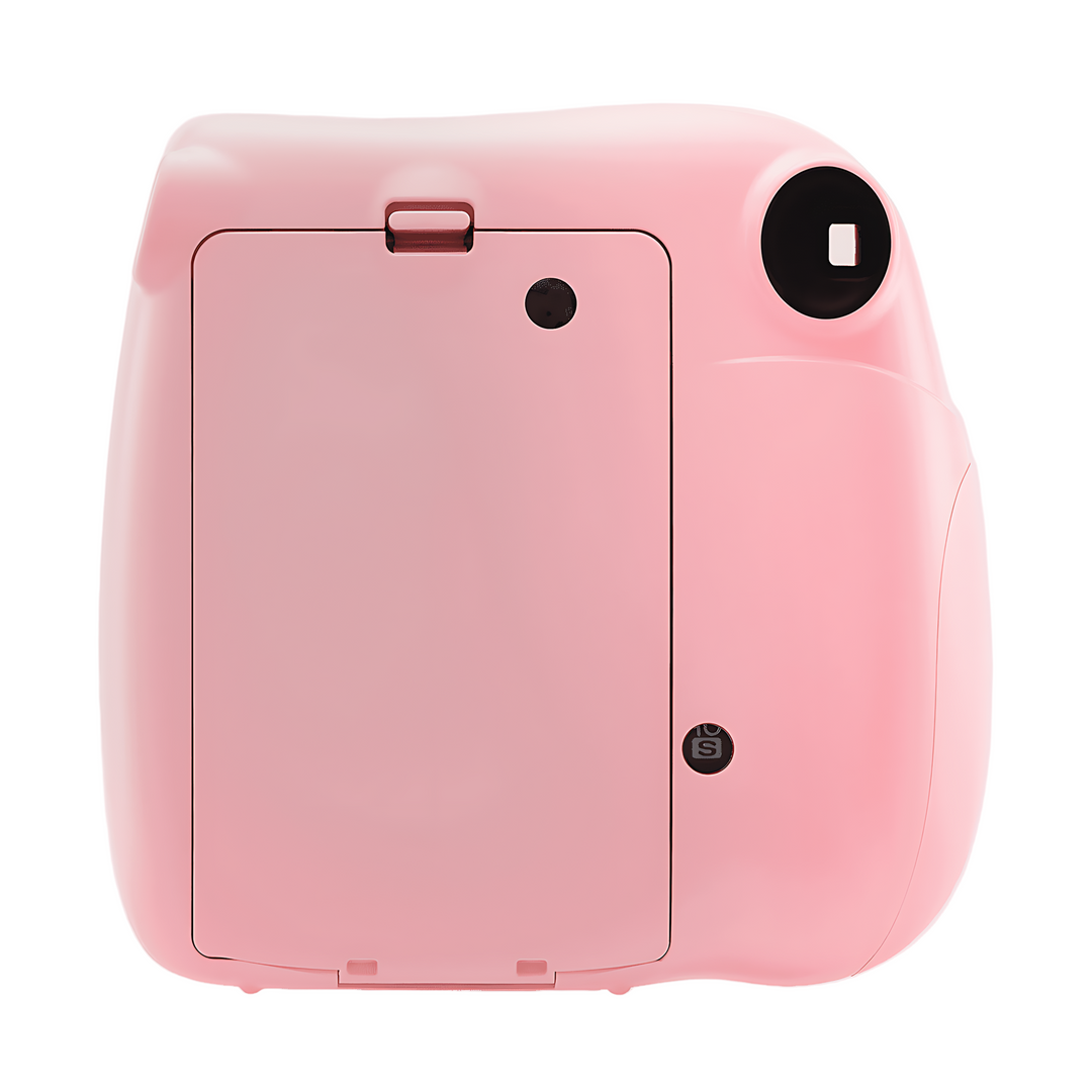 Rear view of light pink Instax Mini 7+ instant camera at ClubCamera.com featuring red battery latch and film eject slot