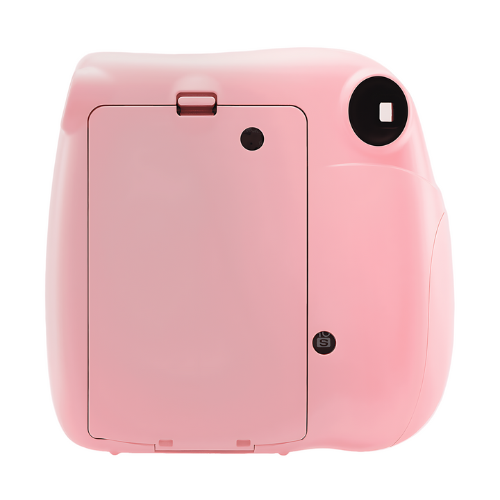 Rear view of light pink Instax Mini 7+ instant camera at ClubCamera.com featuring red battery latch and film eject slot