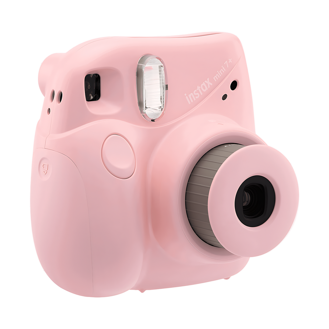 Fujifilm Instax Mini 7+ light pink instant camera front view at ClubCamera.com with ribbed lens ring and ergonomic curves