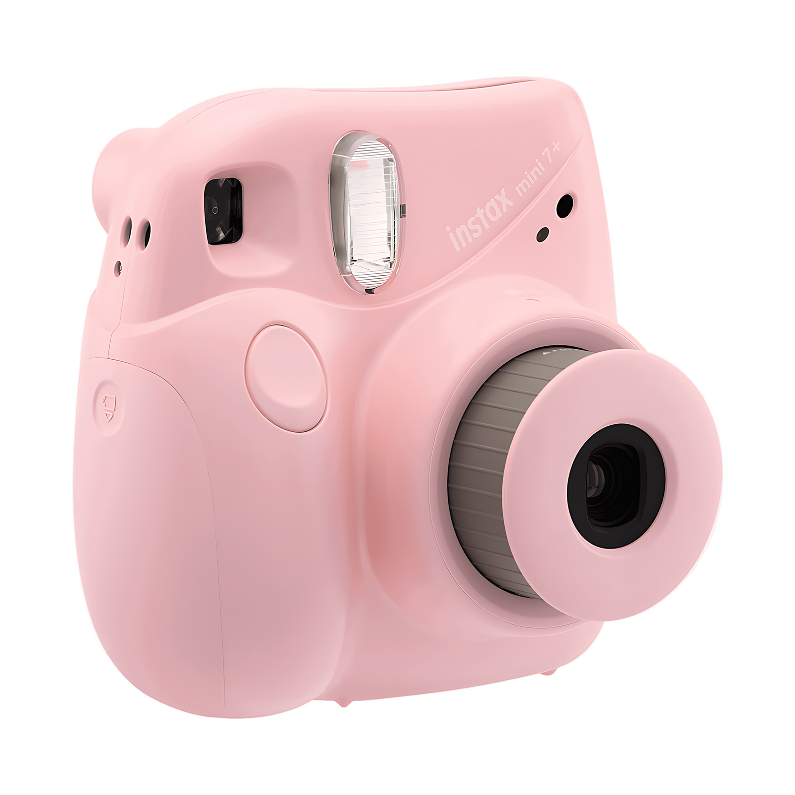 Fujifilm Instax Mini 7+ light pink instant camera front view at ClubCamera.com with ribbed lens ring and ergonomic curves