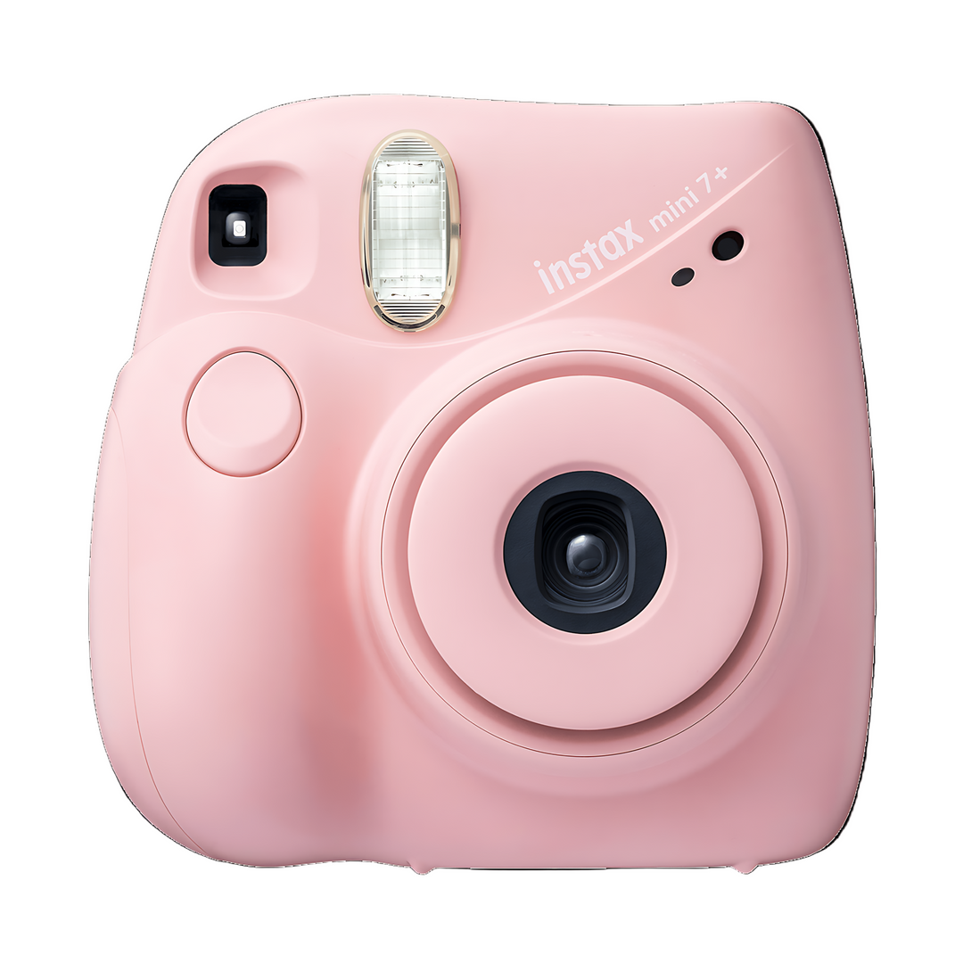 Light pink Fujifilm Instax Mini 7+ glossy finish front shot at ClubCamera.com showing gold-toned flash border and compact design