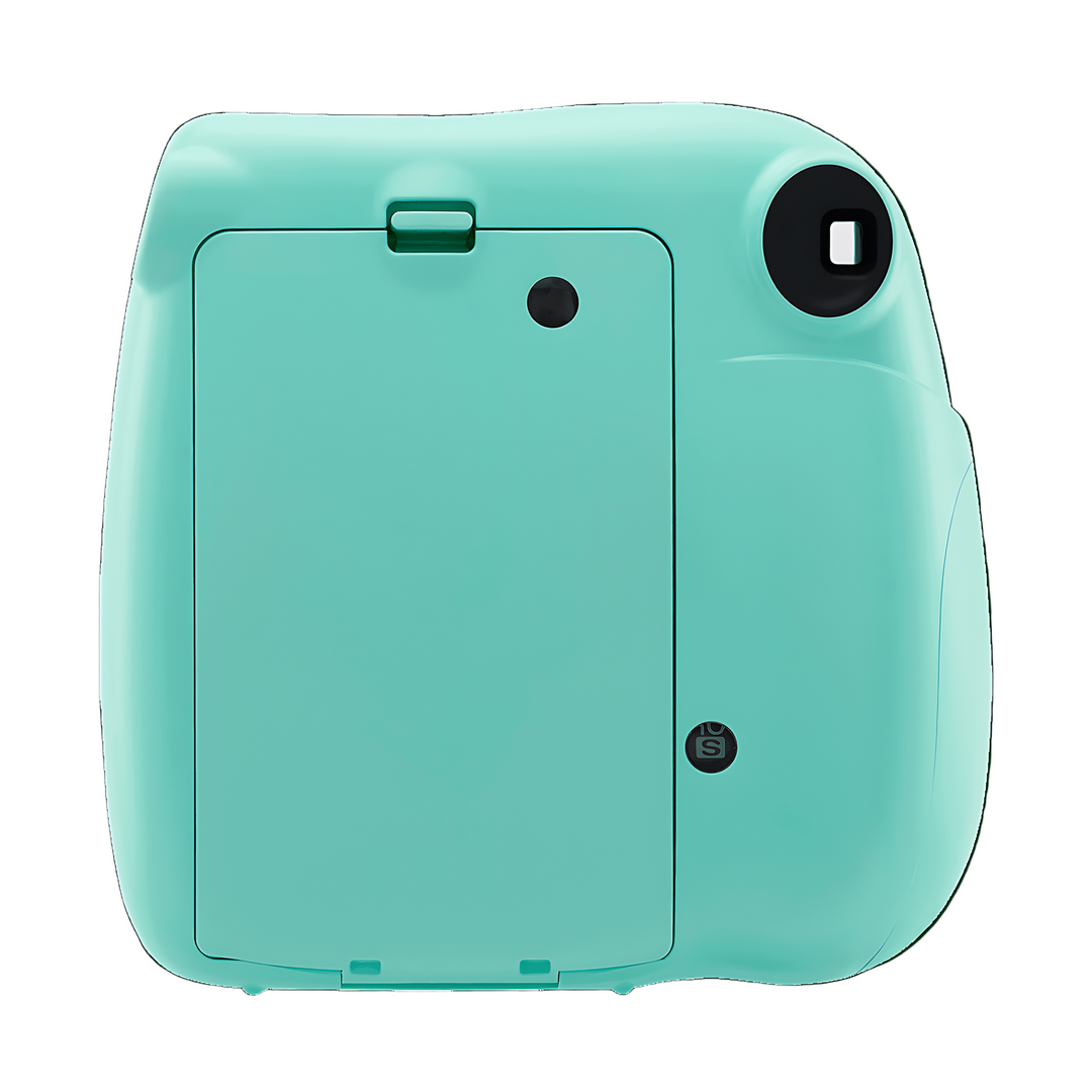 Rear view of seafoam green Fujifilm Instax Mini 7+ showing film compartment door and eject slot from ClubCamera.com
