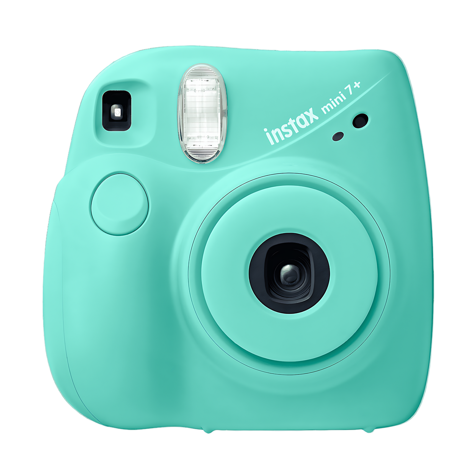 Front shot of seafoam green Fujifilm Instax Mini 7+ instant camera with circular lens and matte plastic body by ClubCamera.com