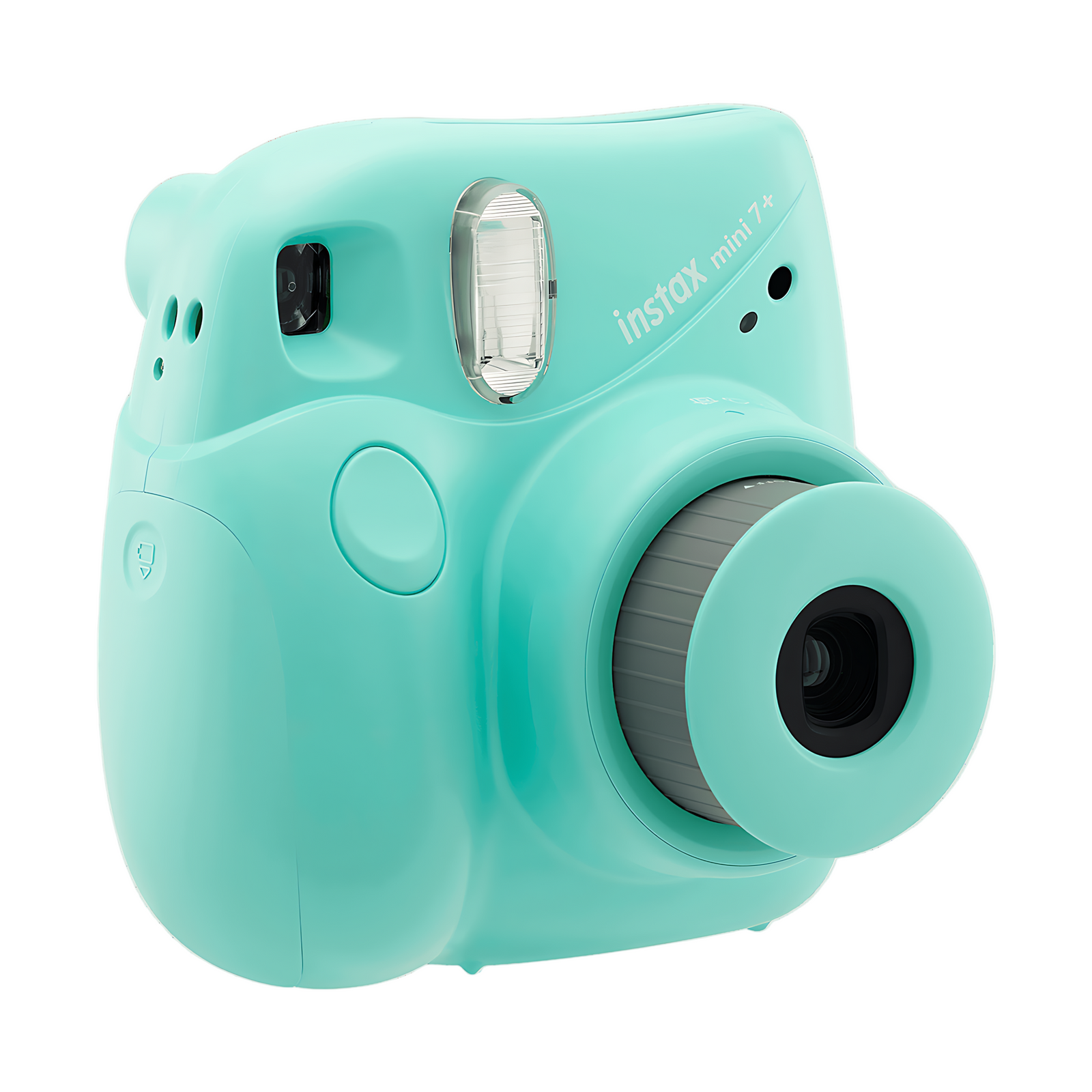Fujifilm Instax Mini 7+ instant camera in seafoam green with glossy finish and white logo at ClubCamera.com