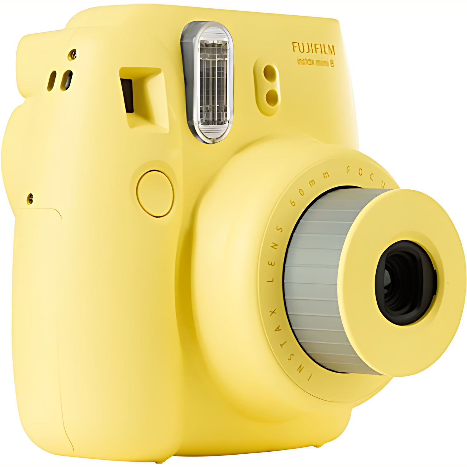 Fujifilm Instax Mini 8 yellow front angle showing lens, flash, and gold logo from ClubCamera.com