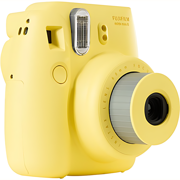 Fujifilm Instax Mini 8 yellow front angle showing lens, flash, and gold logo from ClubCamera.com