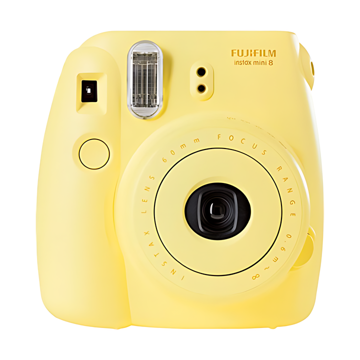 front view of yellow Instax Mini 8 instant camera with focus ring and soft-touch finish by ClubCamera.com
