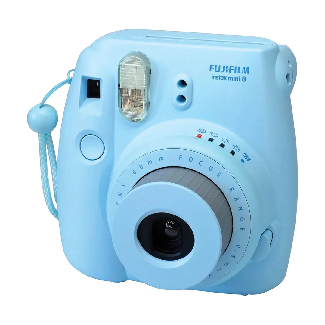 Light blue Fujifilm Instax Mini 8 side view showing textured focus ring and settings icons