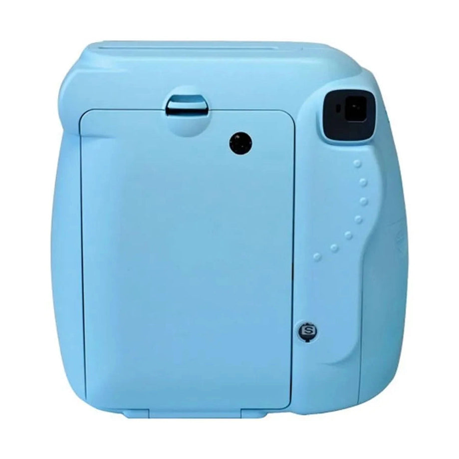 Rear view of light blue Instax Mini 8 film eject slot and operation buttons