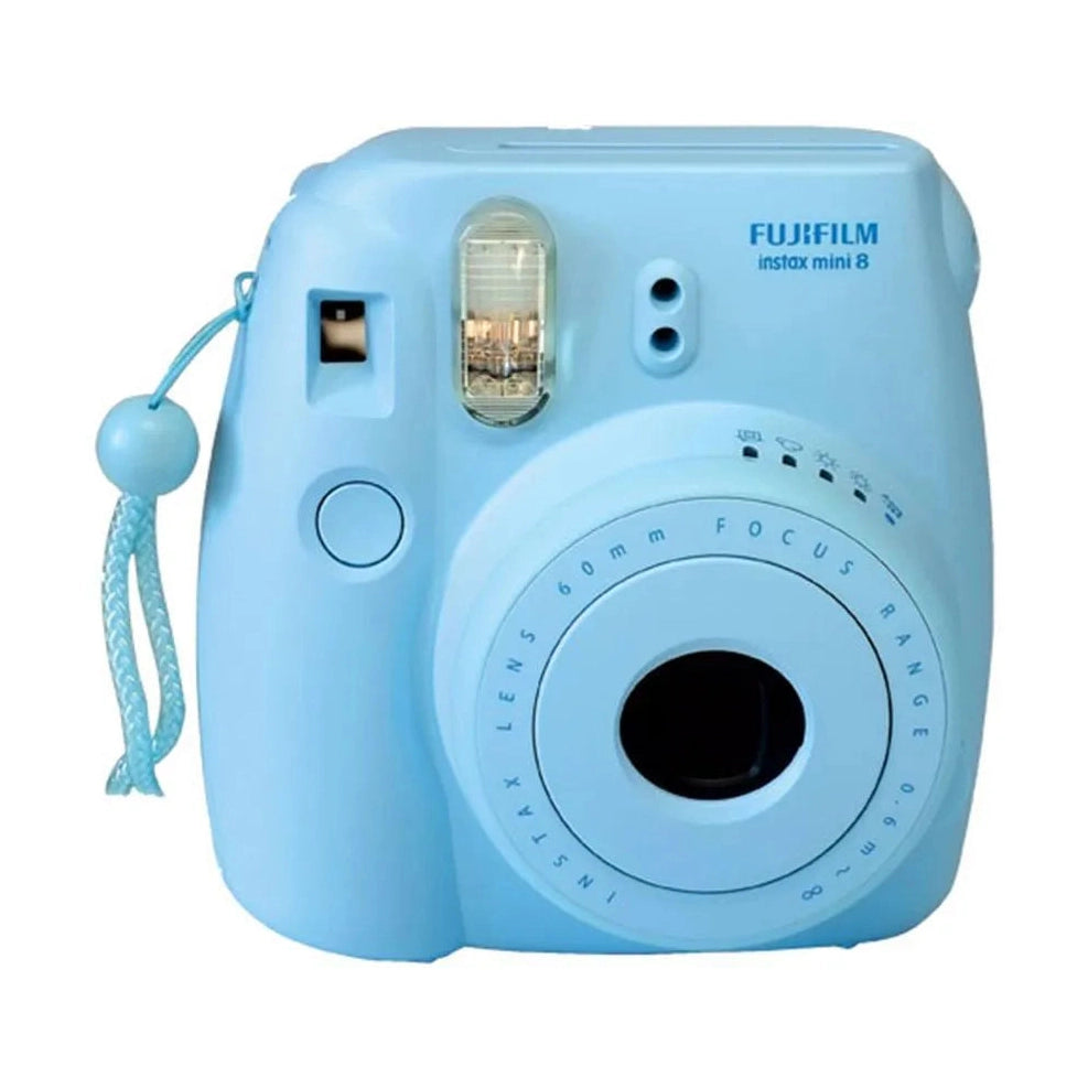 Fujifilm Instax Mini 8 instant camera in light blue with wrist strap at ClubCamera.com