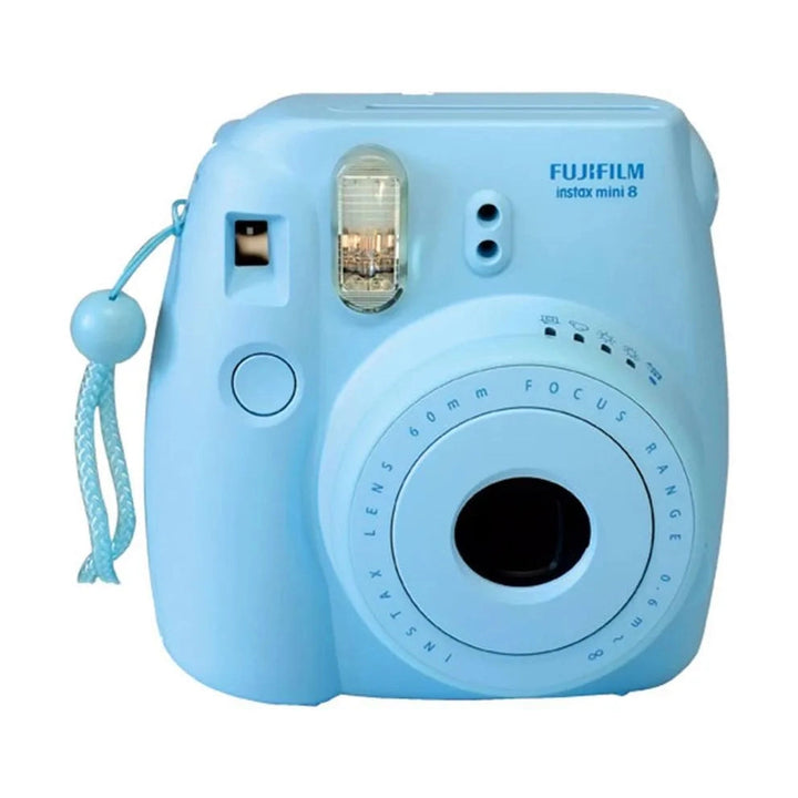 Fujifilm Instax Mini 8 instant camera in light blue with wrist strap at ClubCamera.com