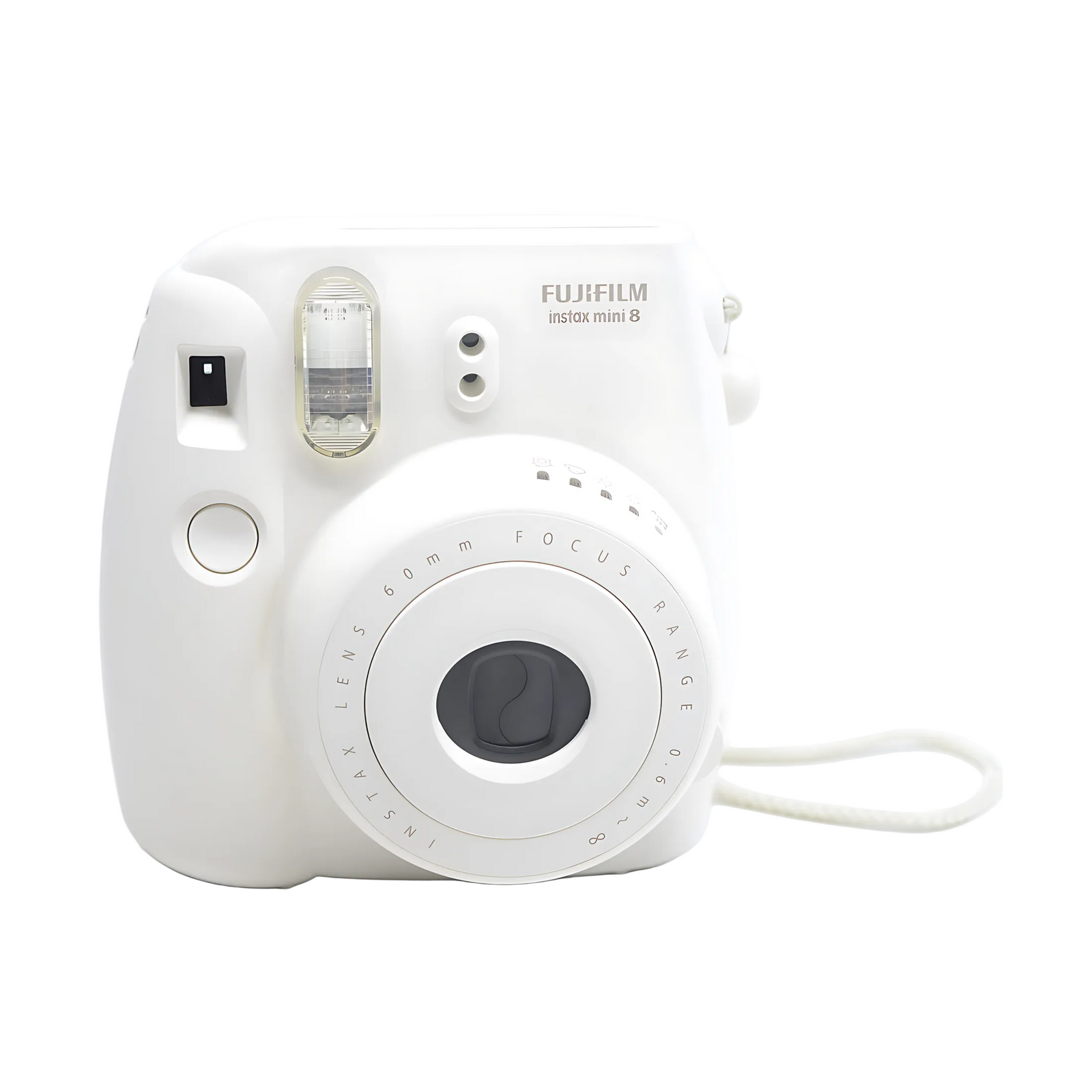 White Fujifilm Instax Mini 8 instant camera with braided wrist strap and exposure icons from ClubCamera.com