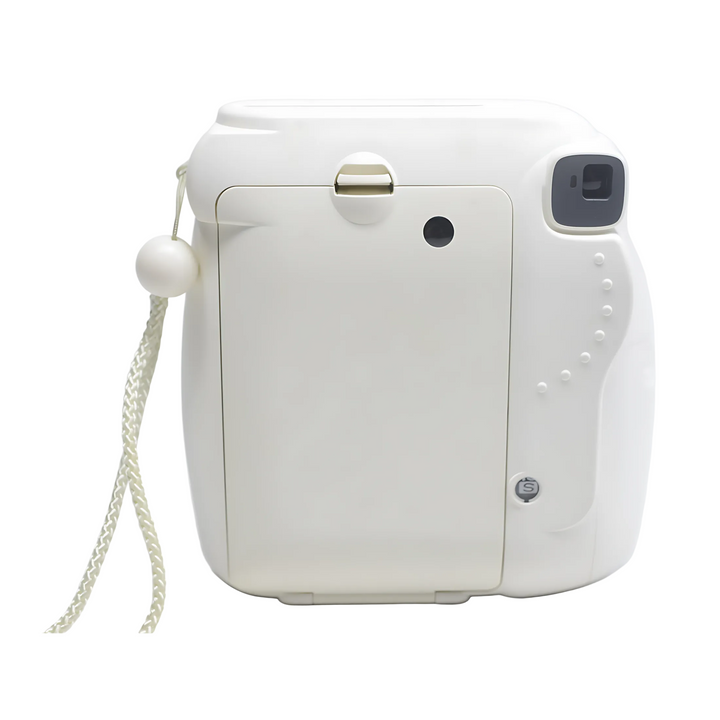 Rear view of white Fujifilm Instax Mini 8 instant camera showing battery door and power switch at ClubCamera.com