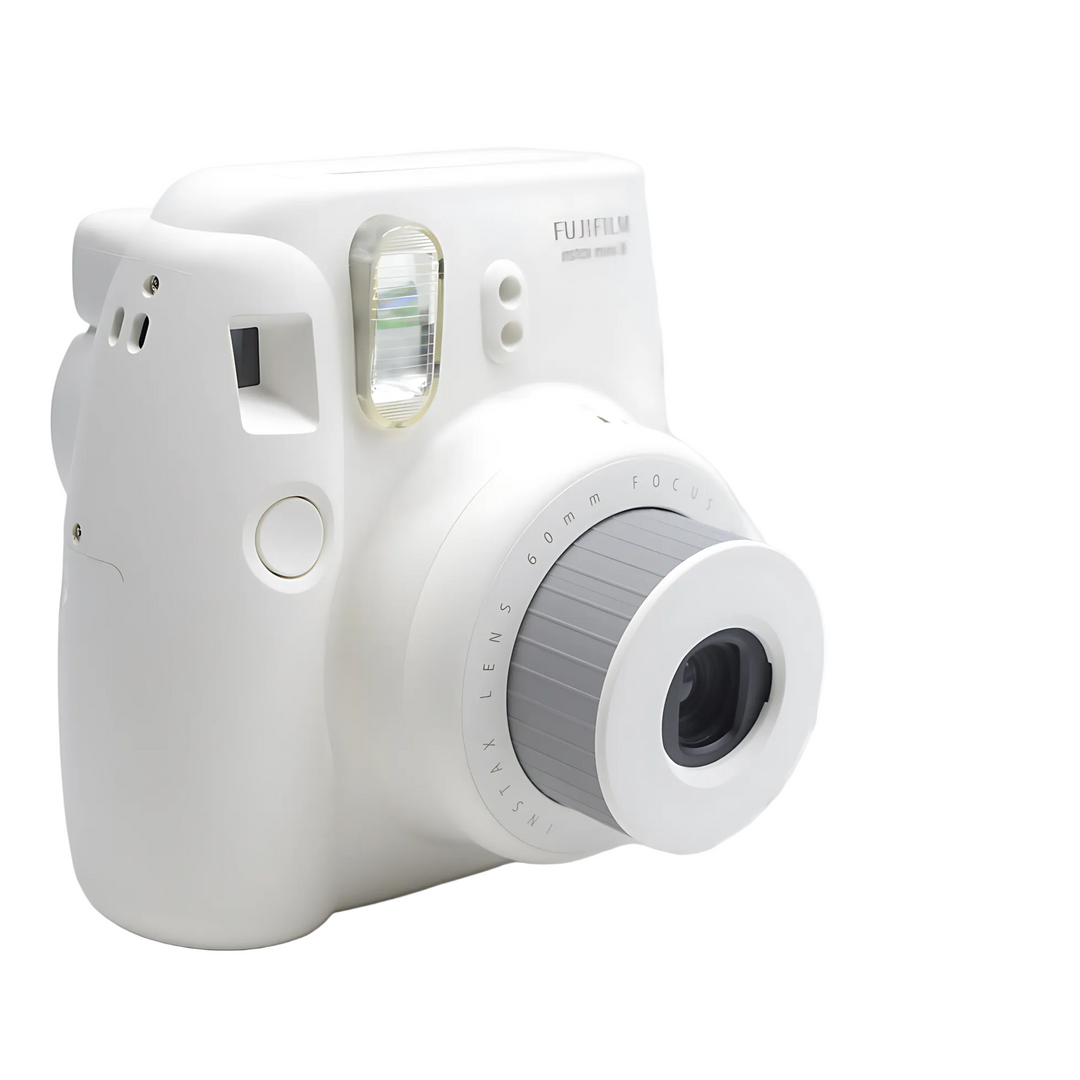 Fujifilm Instax Mini 8 white instant camera with matte finish and gray focus ring at ClubCamera.com
