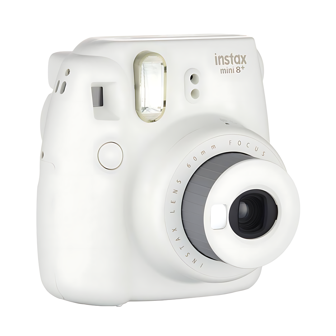 Instax Mini 8+ vanilla cream front view with extended lens barrel and textured grip ring from ClubCamera.com