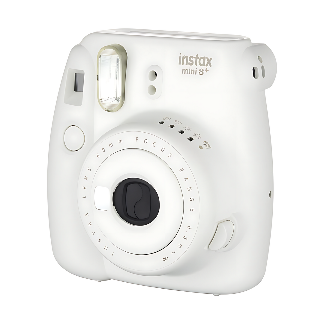 Fujifilm Instax Mini 8+ vanilla cream instant camera at ClubCamera.com showing rounded body and built-in flash