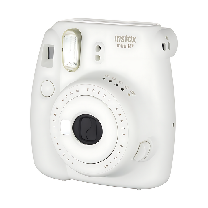 Fujifilm Instax Mini 8+ vanilla cream instant camera at ClubCamera.com showing rounded body and built-in flash
