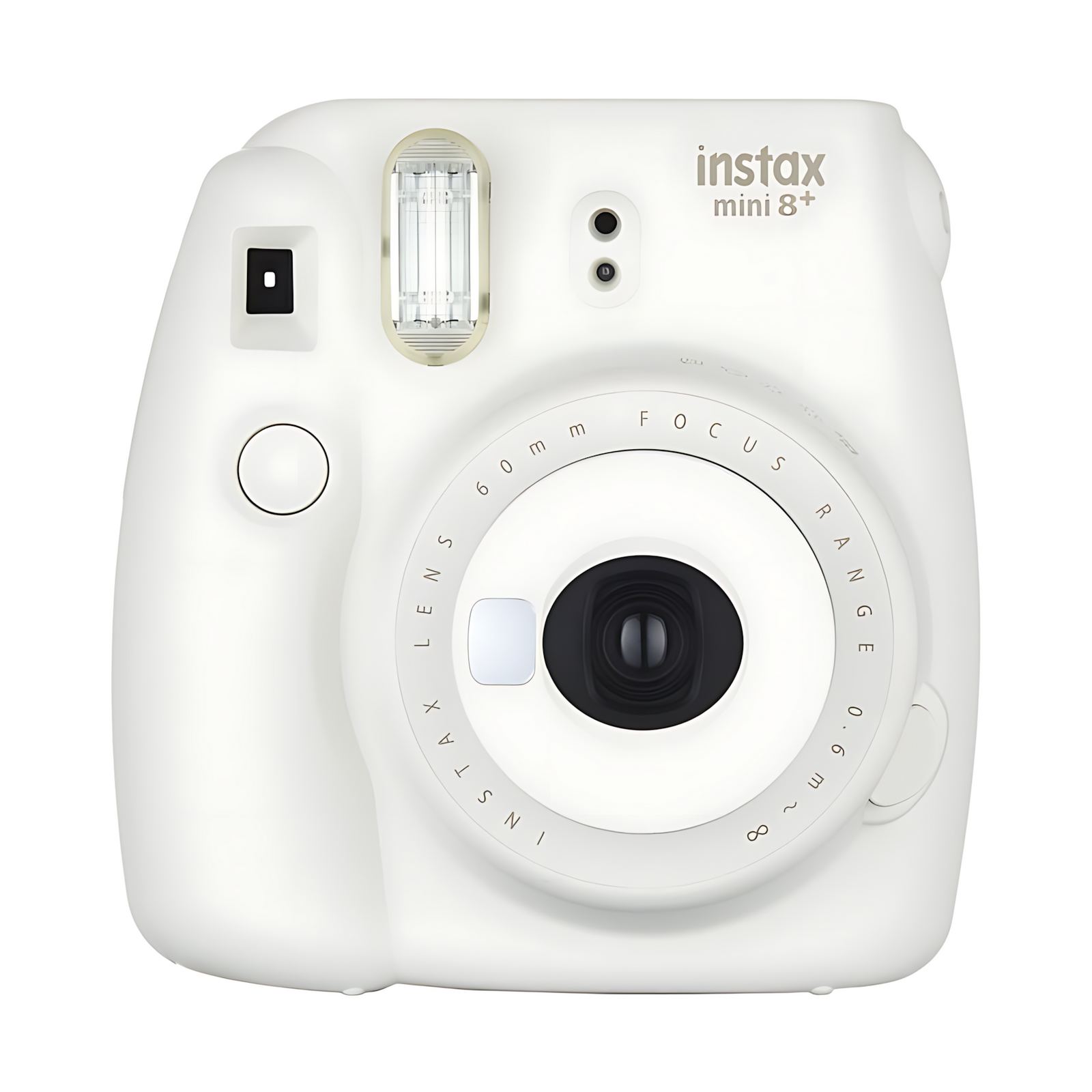 Frontal shot of vanilla cream Fujifilm Instax Mini 8+ instant camera with film eject slot at ClubCamera.com