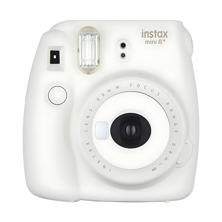 Frontal shot of vanilla cream Fujifilm Instax Mini 8+ instant camera with film eject slot at ClubCamera.com
