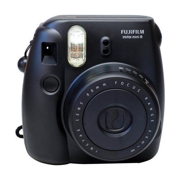 Fujifilm Instax Mini 8 instant camera in matte black by ClubCamera.com showing front view with flash and branding