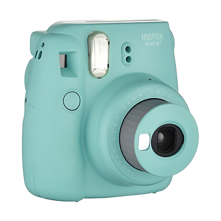 Side view of mint green Fujifilm Instax Mini 8+ instant camera at ClubCamera.com showing ergonomic grip and focus ring