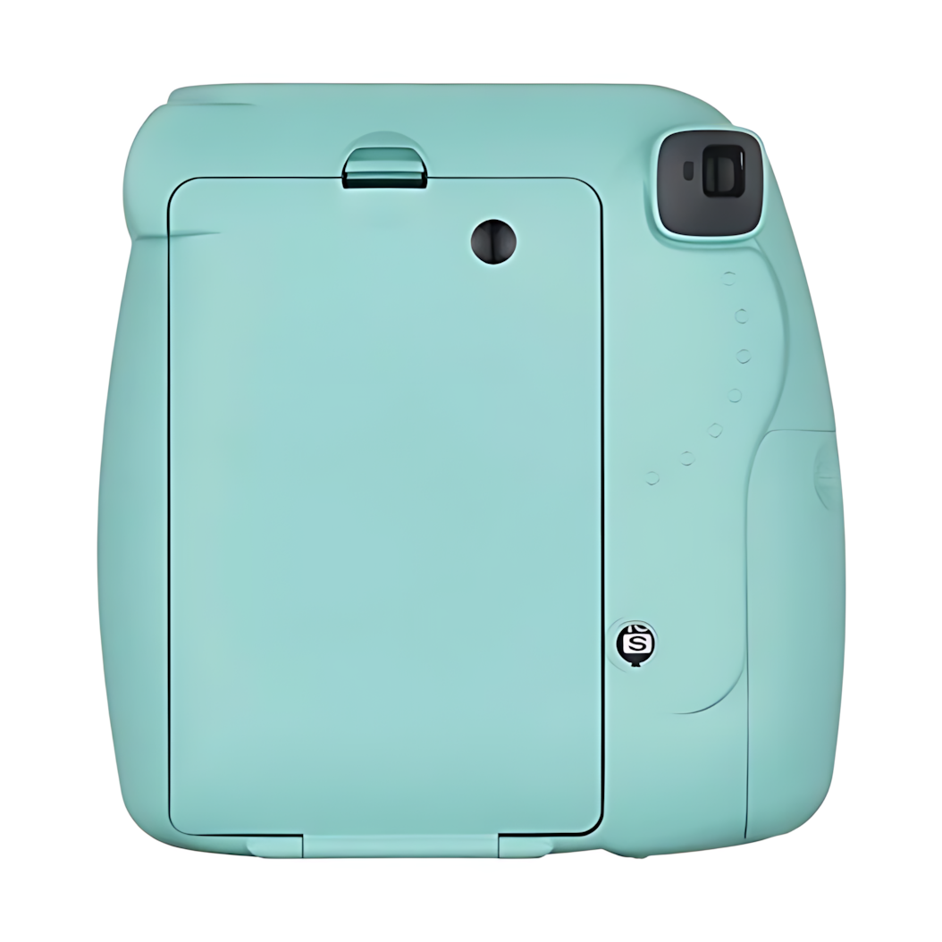 Back of mint Fujifilm Instax Mini 8+ instant camera from ClubCamera.com featuring selfie mirror and battery compartment