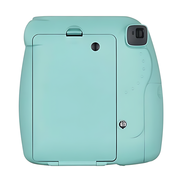 Back of mint Fujifilm Instax Mini 8+ instant camera from ClubCamera.com featuring selfie mirror and battery compartment