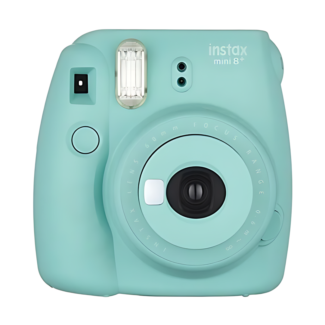 Fujifilm Instax Mini 8+ Mint instant camera by ClubCamera.com with white branding and lens details