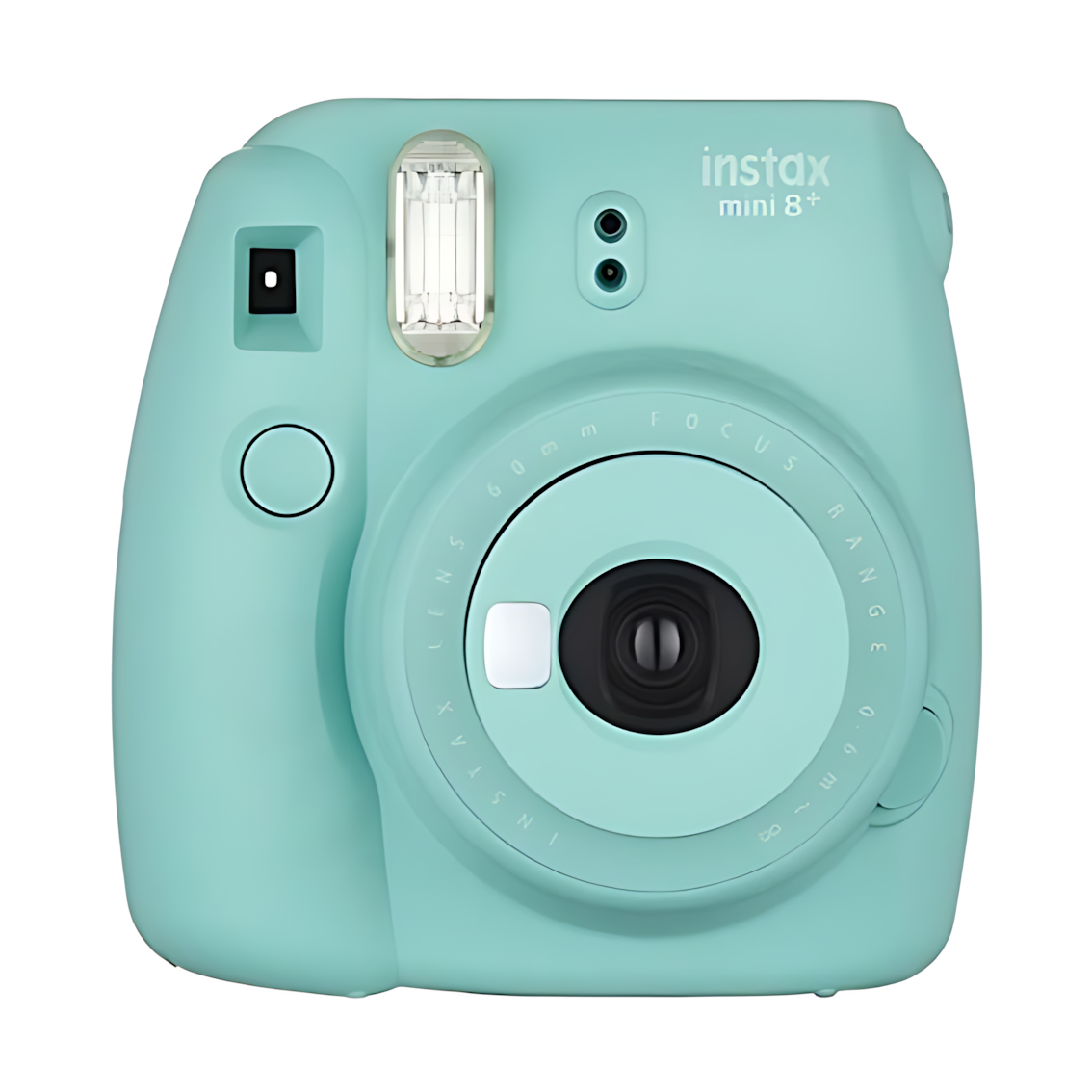 Fujifilm Instax Mini 8+ Mint instant camera by ClubCamera.com with white branding and lens details