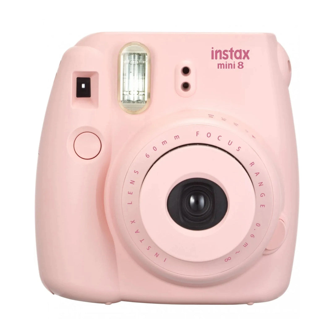 Front view of ClubCamera.com Fujifilm Instax Mini 8 Pink instant camera with centered lens, dual bulb flash, and engraved focus ring