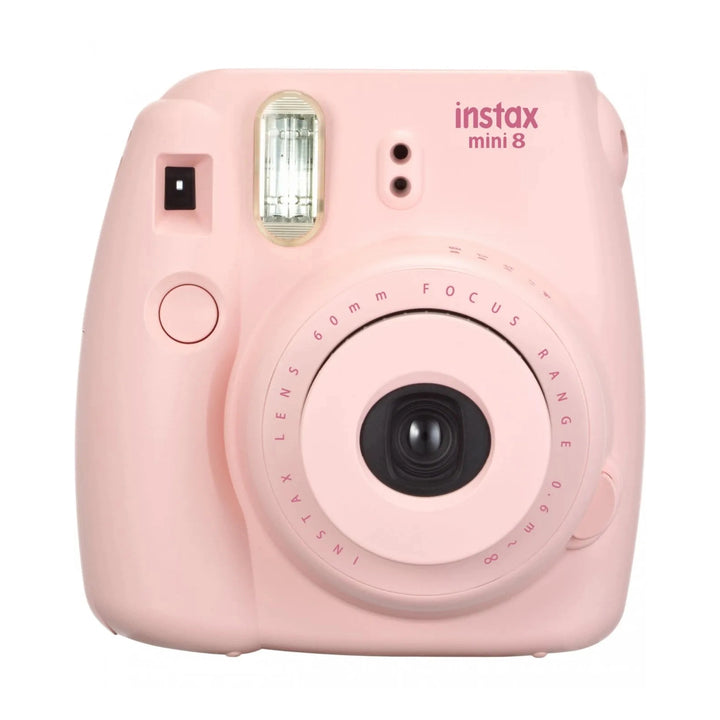 Front view of ClubCamera.com Fujifilm Instax Mini 8 Pink instant camera with centered lens, dual bulb flash, and engraved focus ring