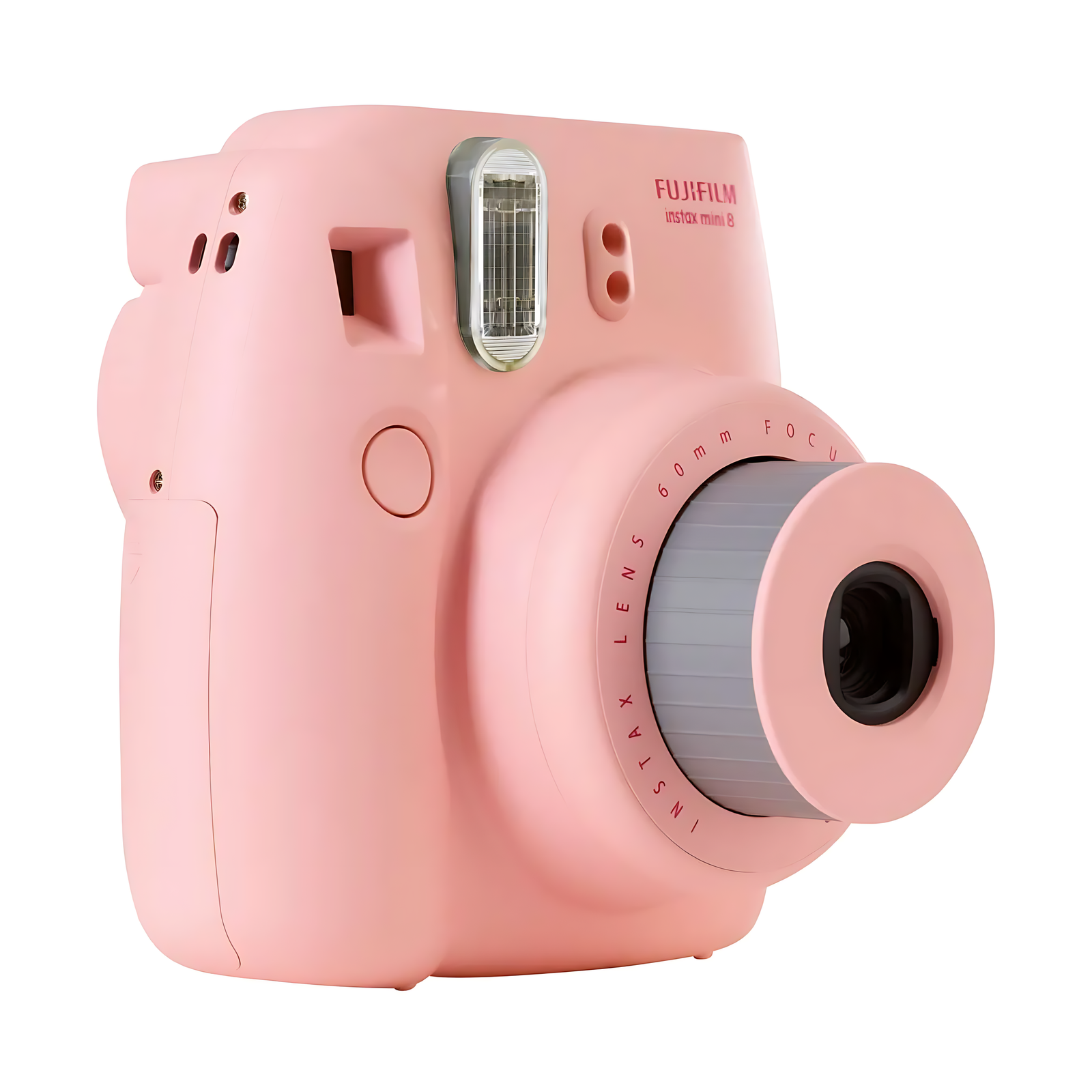 Fujifilm Instax Mini 8 Pink instant camera by ClubCamera.com showing matte pastel pink finish, silver flash grid, and ergonomic side grip