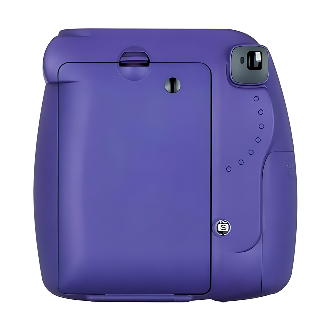 Rear top view of purple Instax Mini 8 instant camera displaying viewfinder, control buttons, and lock switch at ClubCamera.com