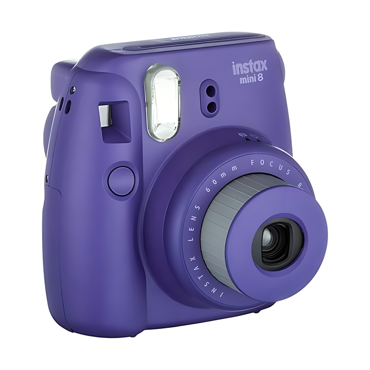 Side view of matte purple Fujifilm Instax Mini 8 showing ribbed focus ring and shutter button from ClubCamera.com