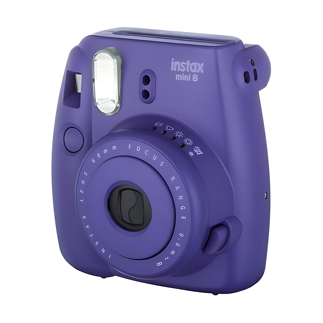 Fujifilm Instax Mini 8 instant camera in deep purple with white logo and exposure icons at ClubCamera.com