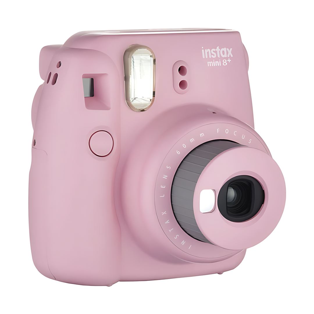 Fujifilm Instax Mini 8+ Strawberry pink instant camera with flash and lens detail at ClubCamera.com