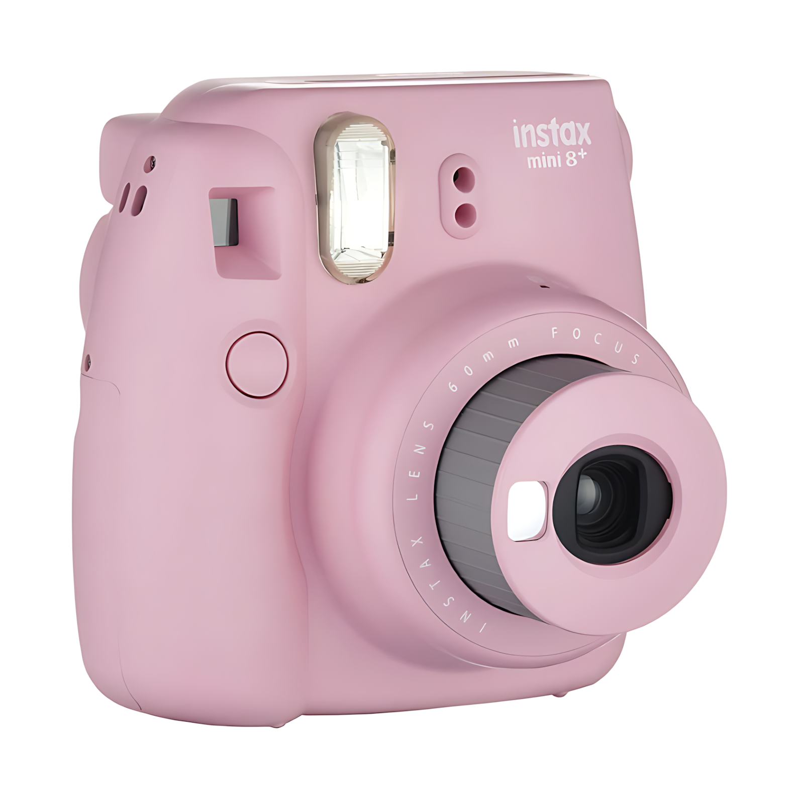 Fujifilm Instax Mini 8+ Strawberry pink instant camera with flash and lens detail at ClubCamera.com