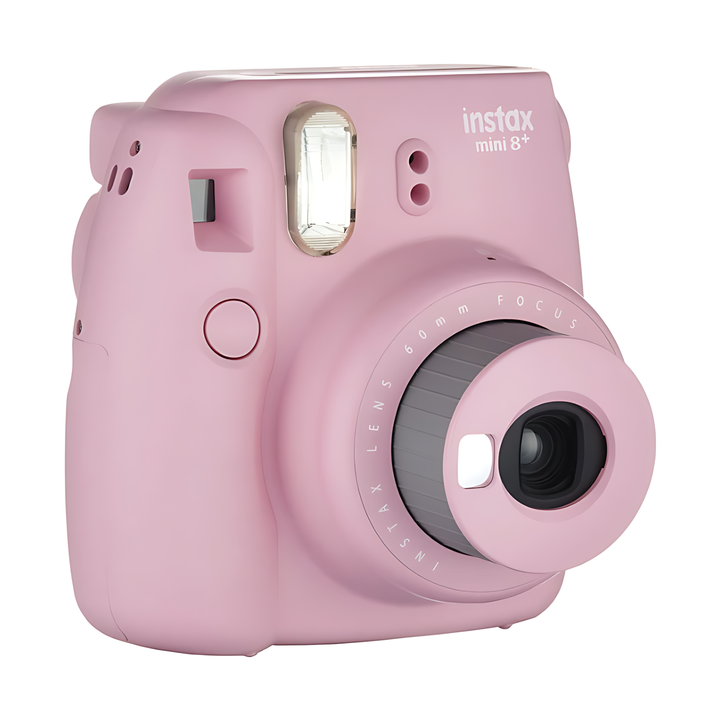 Fujifilm Instax Mini 8+ Strawberry pink instant camera with flash and lens detail at ClubCamera.com