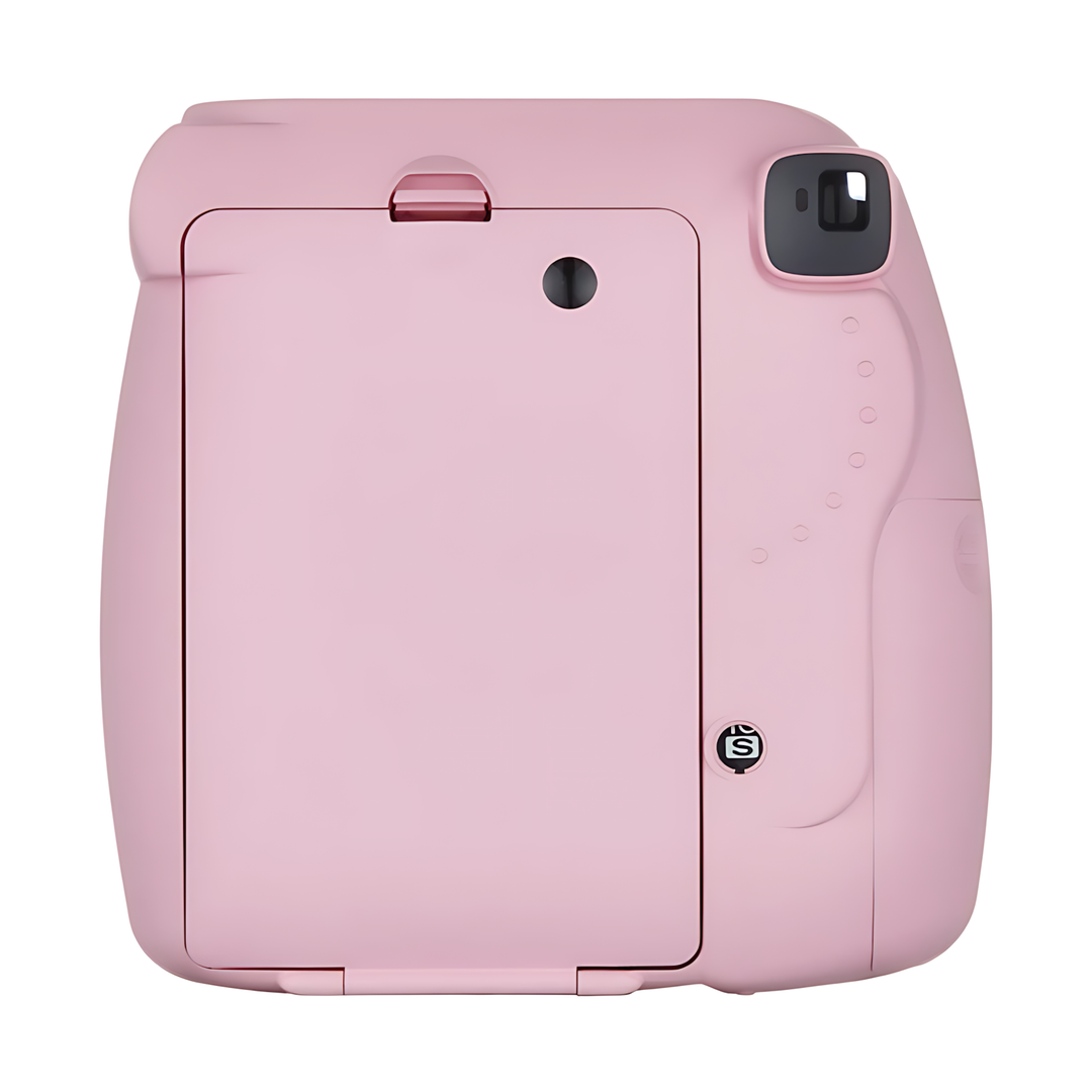 Rear view of matte strawberry pink Instax Mini 8+ selfie mode button and film door at ClubCamera.com