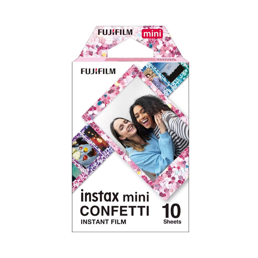 ClubCamera.com Fujifilm Instax Mini Confetti Instant Film retail box featuring diamond photo window and pink confetti design