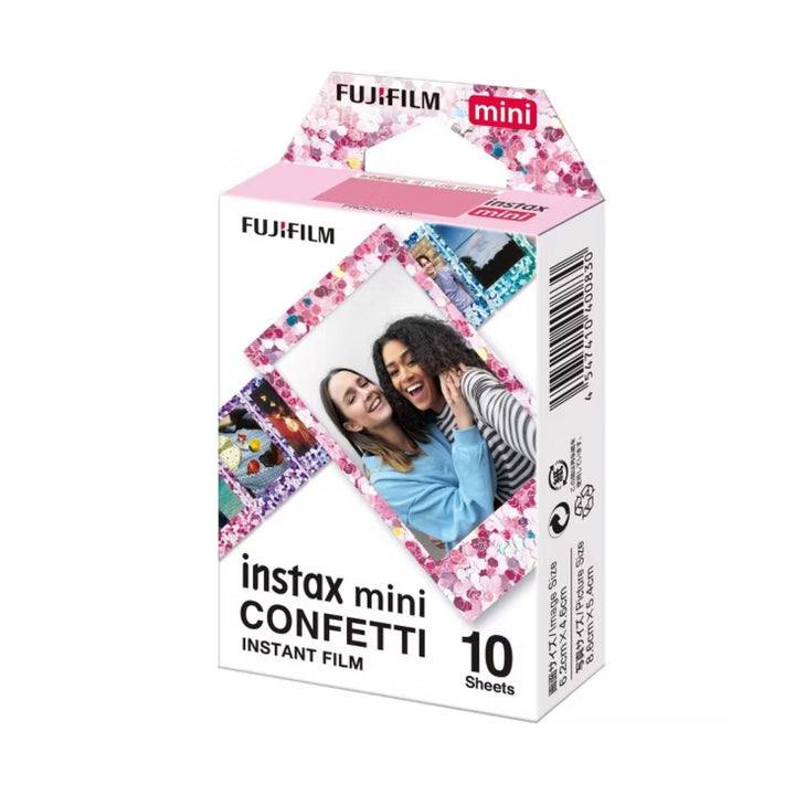 ClubCamera.com Fujifilm Instax Mini Confetti Instant Film box packaging with pink confetti pattern and sample photo
