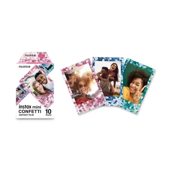 ClubCamera.com Fujifilm Instax Mini Confetti film pack displaying three sample prints with blue teal and pink confetti borders