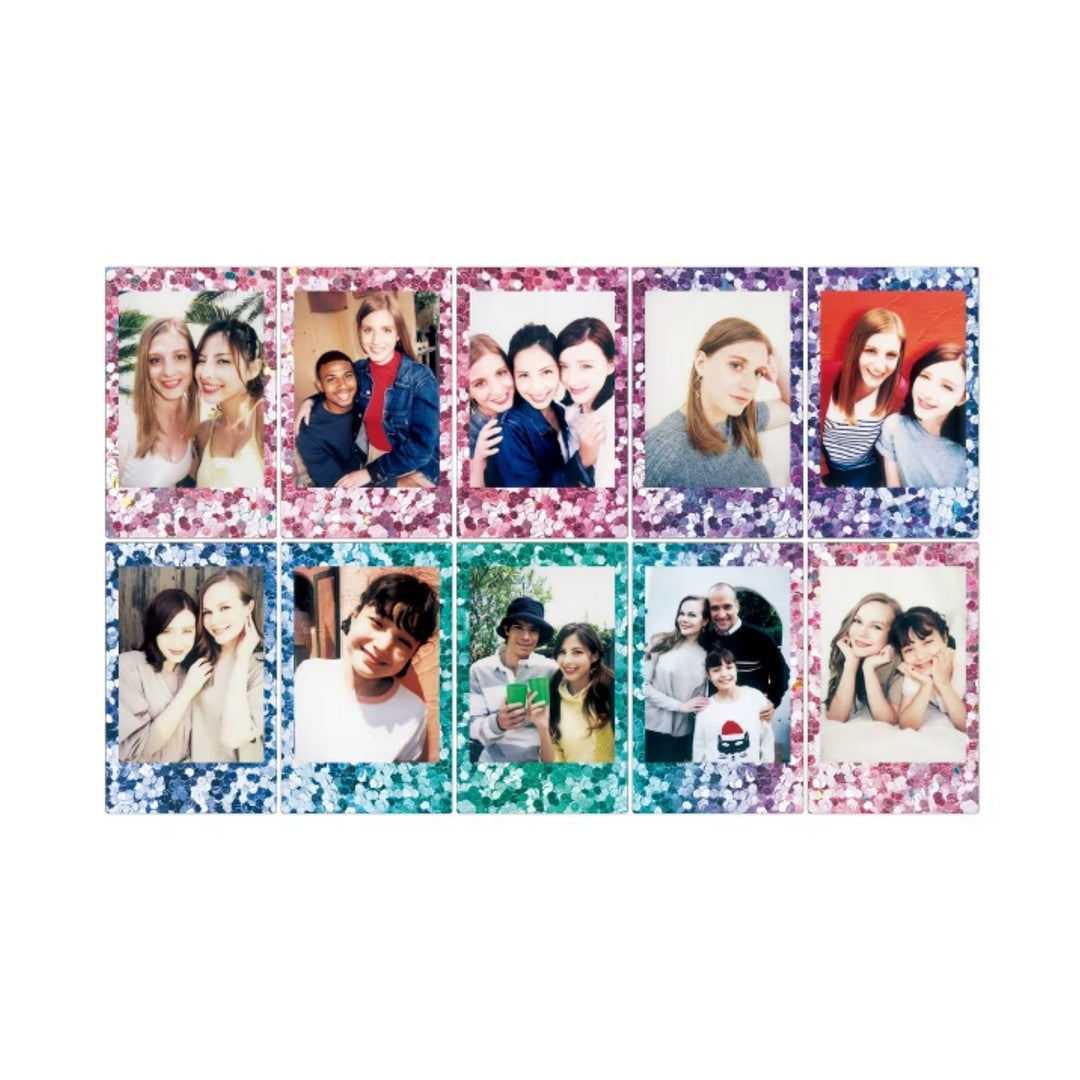 ClubCamera.com Fujifilm Instax Mini Confetti film showing 10 printed photos with pink purple blue confetti borders