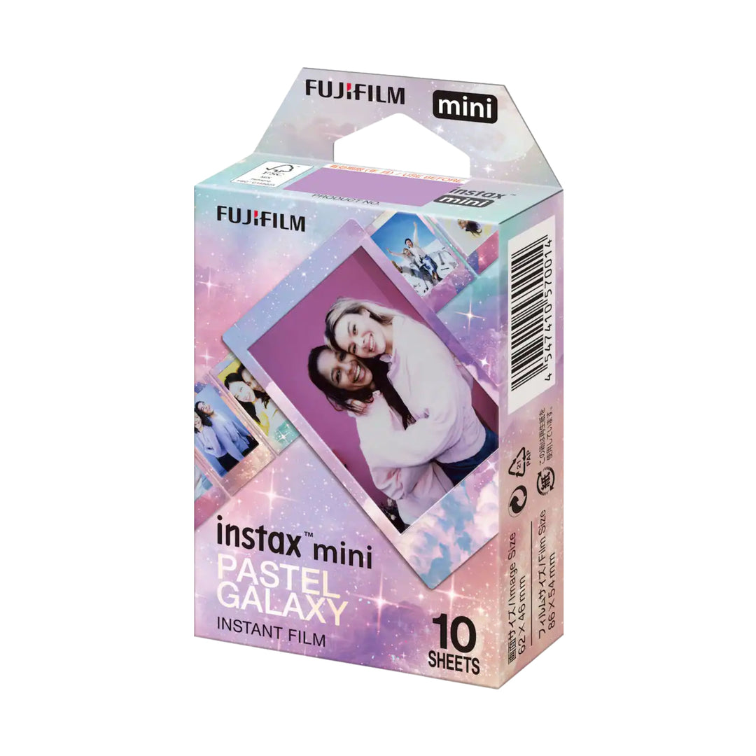 ClubCamera.com Fujifilm Instax Mini Pastel Galaxy Instant Film box with lavender pink blue galaxy border and star sparkles
