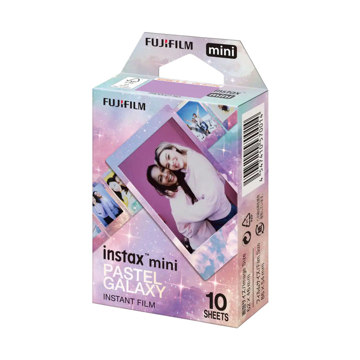 ClubCamera.com Fujifilm Instax Mini Pastel Galaxy Instant Film box with lavender pink blue galaxy border and star sparkles