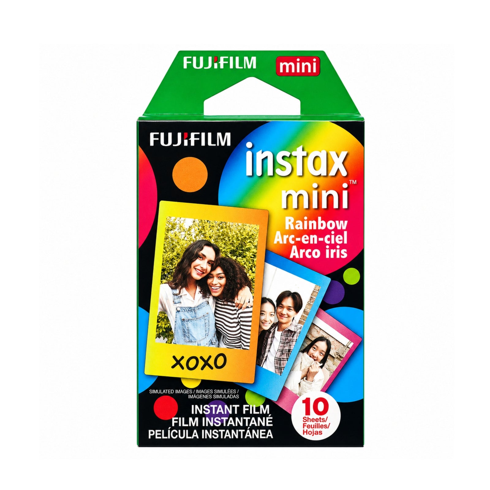ClubCamera.com Fujifilm Instax Mini Rainbow instant film packaging with green flap and rainbow arc design