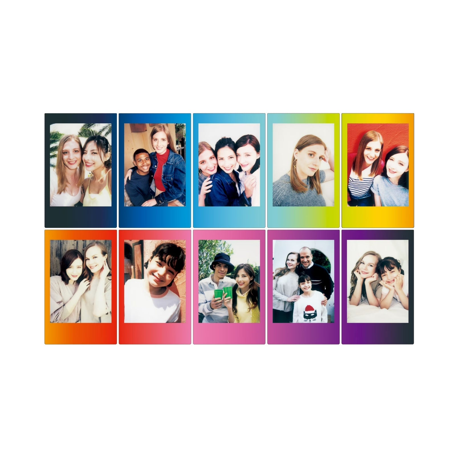 Ten Fujifilm Instax Mini photos showing distinct rainbow border gradients on white background