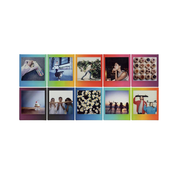 Ten square instant photos with rainbow gradient borders blue green yellow orange red purple